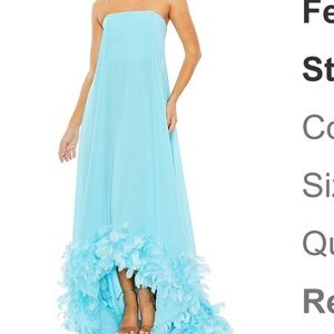 Mac Duggal Strapless Feather-Hem Maxi Dress in Aqua NWT